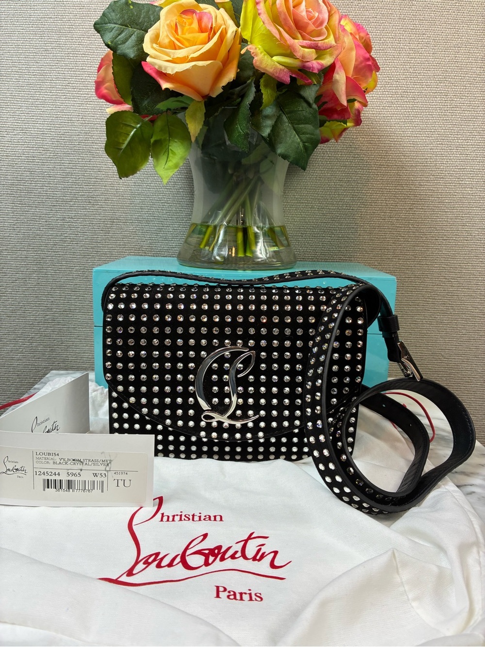 Christian Louboutin Loubi54 Crystal Studded Black Suede Strass Shoulder Bag NWT - Picture 1 of 13